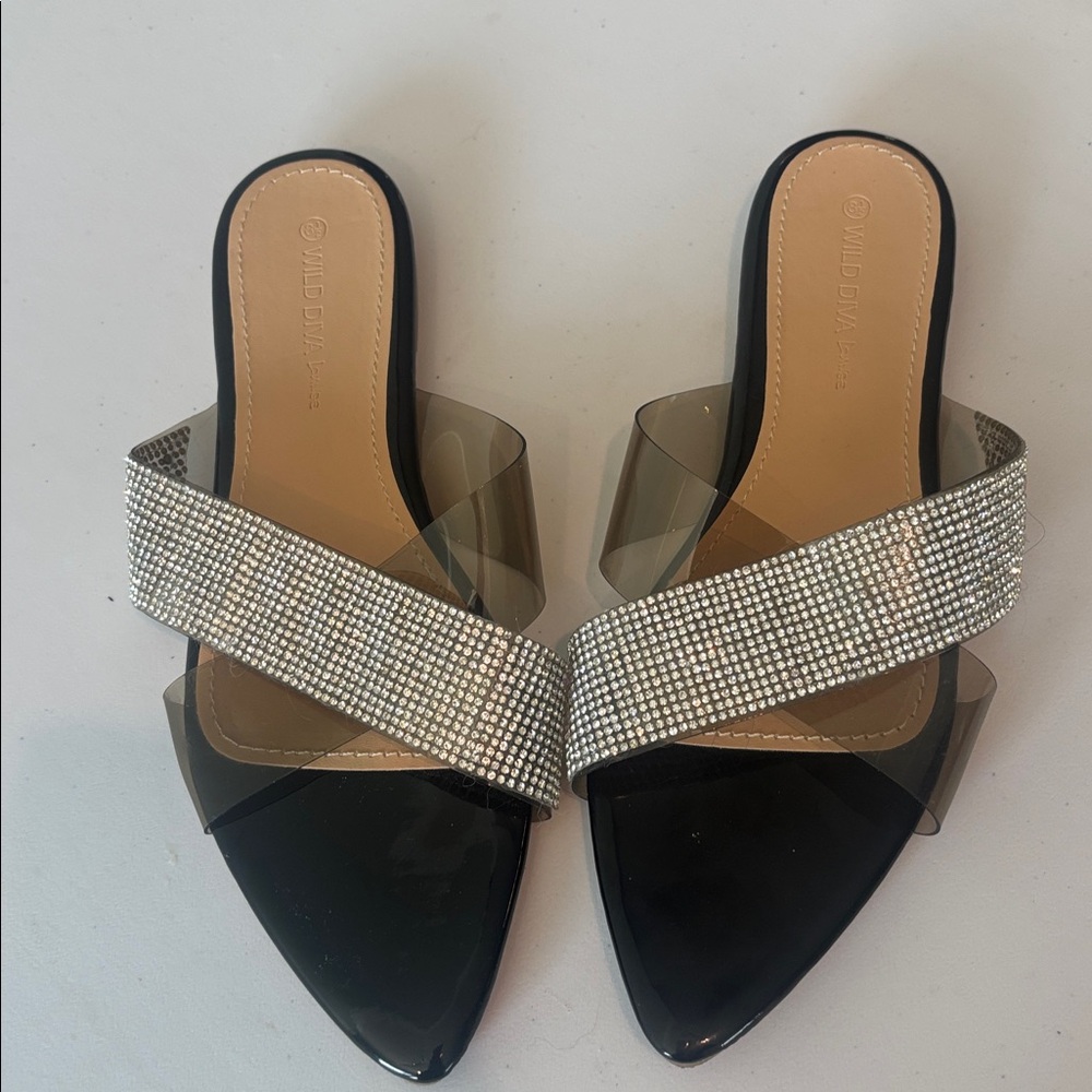 Wild Diva Black and Silver Rhinestone Slides - Picture 2 of 7